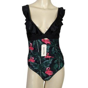 SPORLIKE one piece Flamingo V Neck Swimsuit‎ Size Small New